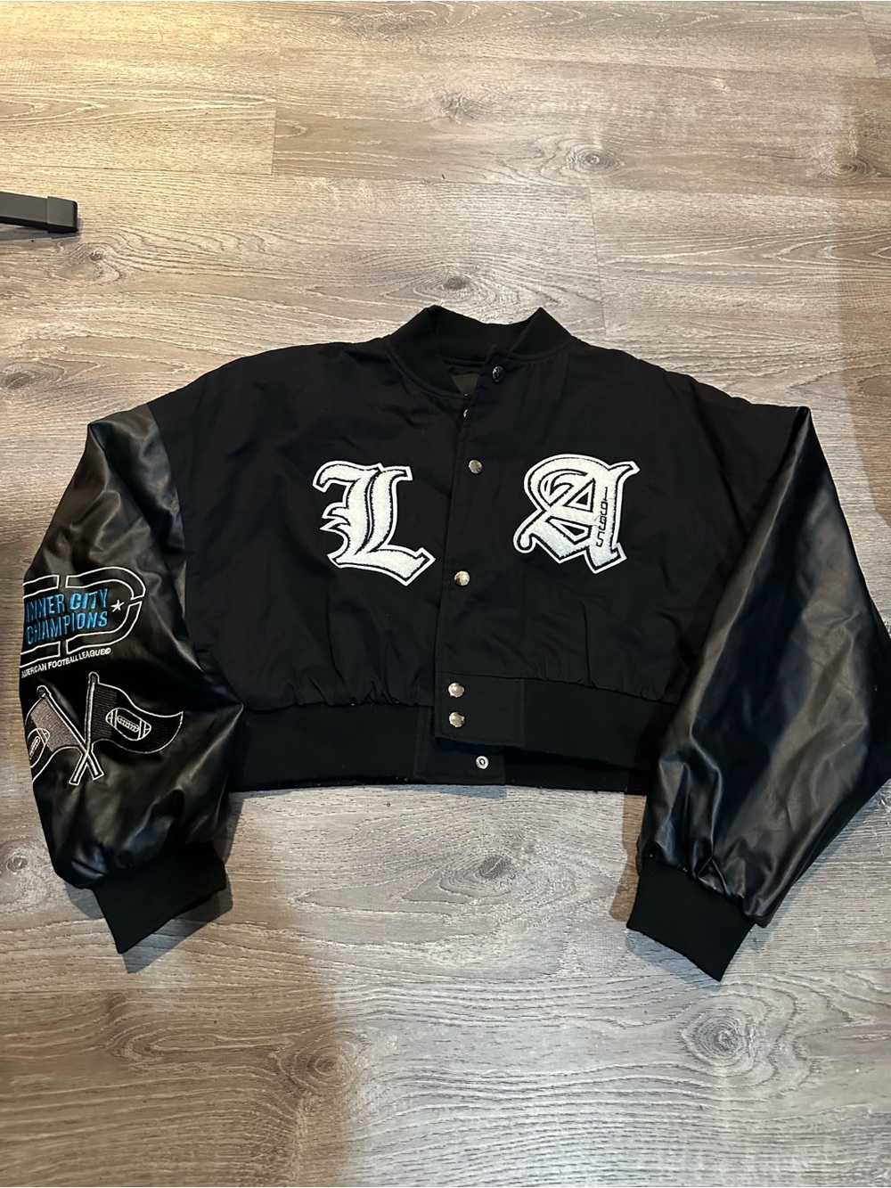 Fashion Nova Black Varsity Bomber Jacket L Faux Leather Sleeves Graphic Letter